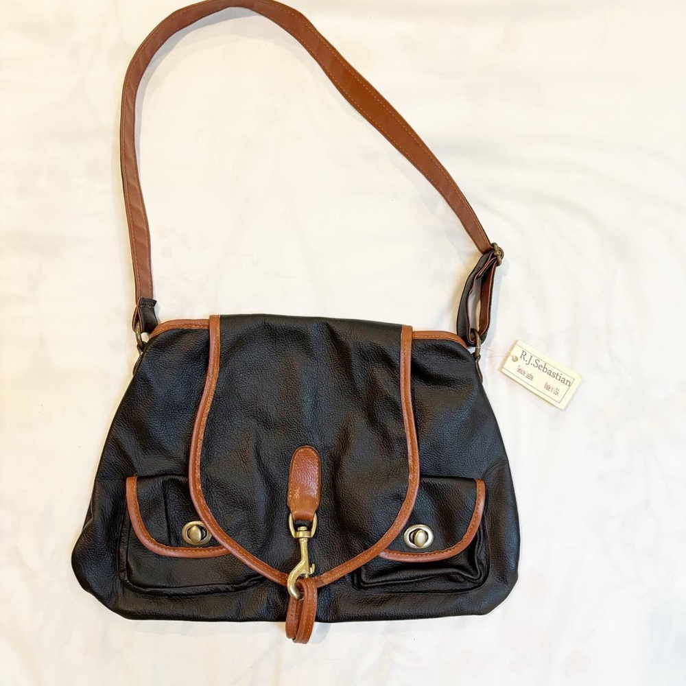 Black Leather and Brown Trim Equestrian Crossbody Bag‎ NWT Preppy 90s